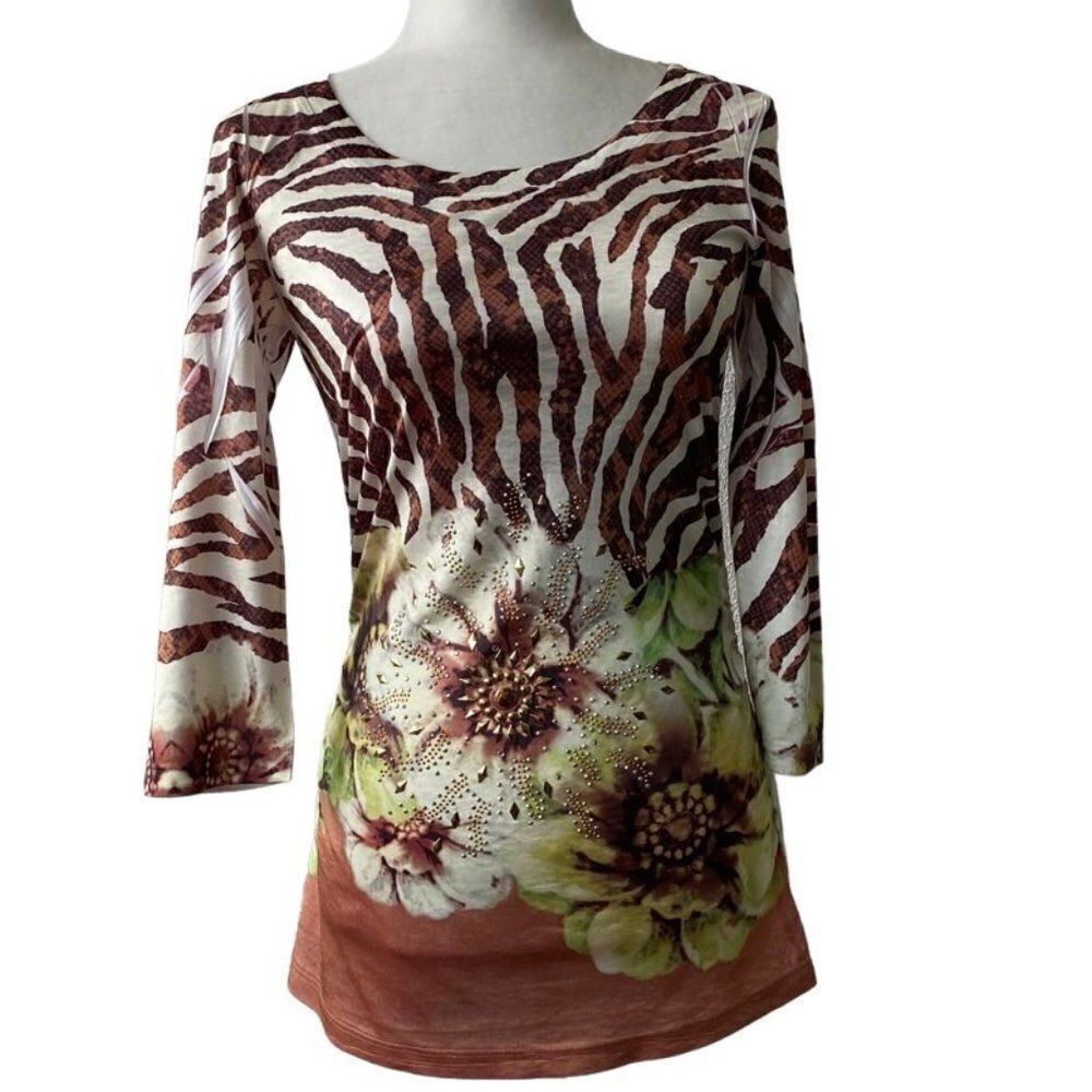 Cache White Brown Animal Stripe Floral Beaded Ruched Y2K Jersey SZ S